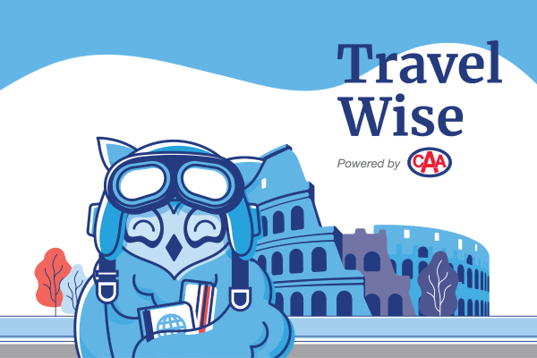 cartoon owl wearing flight goggles and carrying travel documents with copy that says 