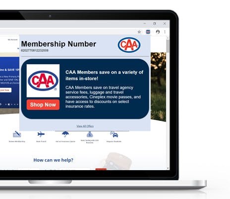 Image of CAA North & East Ontario website with CAA Rewards Assistant showing a message over it