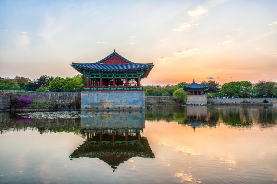 small temple on the water in South Korea at sunset